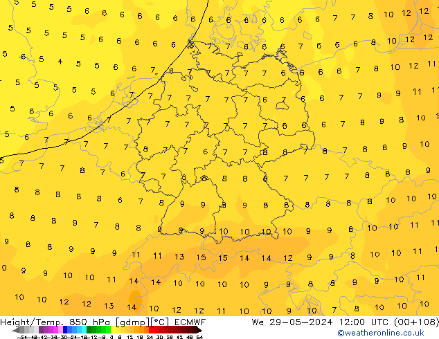 Height/Temp. 850 hPa ECMWF We 29.05.2024 12 UTC