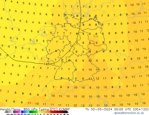 Hoogte/Temp. 850 hPa ECMWF do 30.05.2024 00 UTC