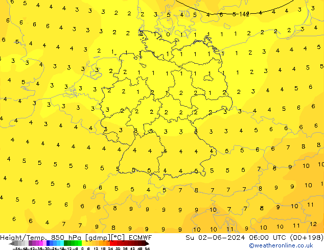 Height/Temp. 850 гПа ECMWF Вс 02.06.2024 06 UTC