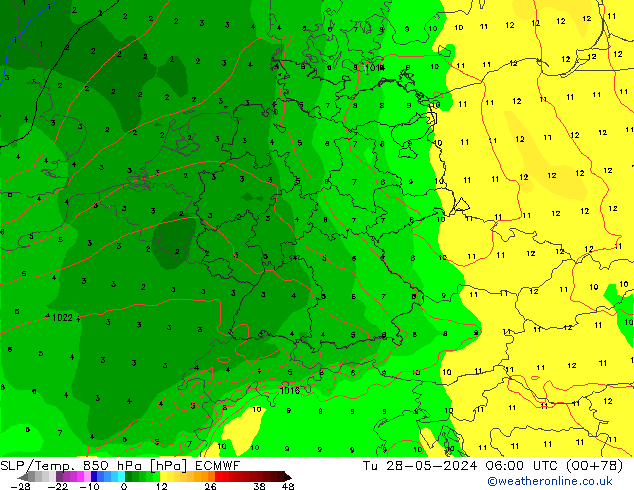 SLP/Temp. 850 гПа ECMWF вт 28.05.2024 06 UTC