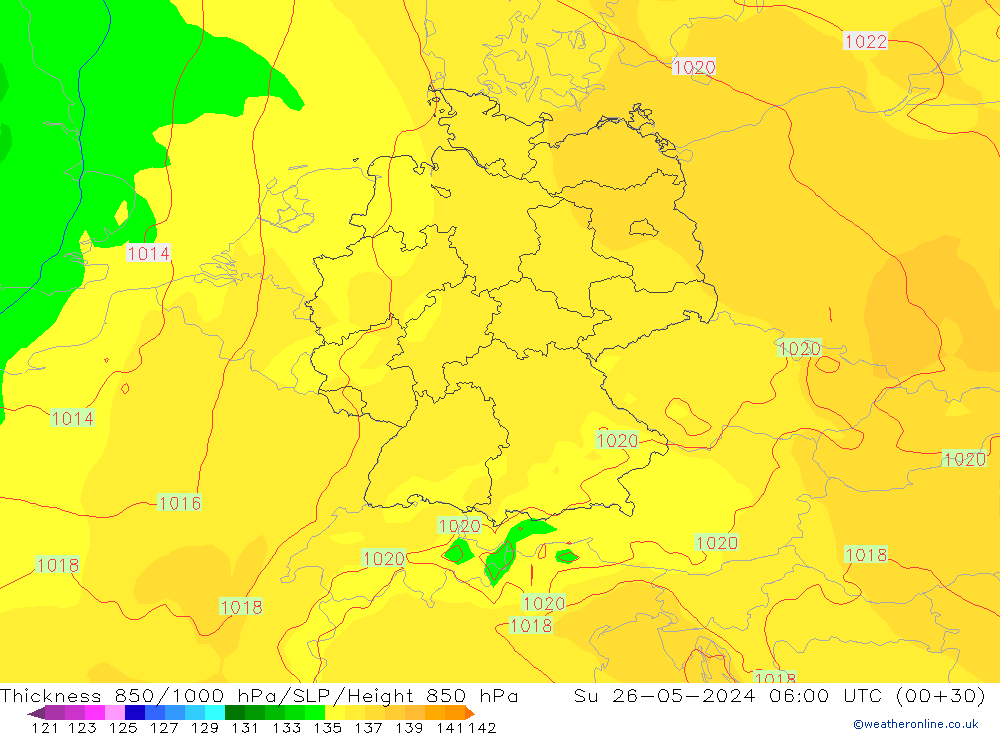 Thck 850-1000 hPa ECMWF dim 26.05.2024 06 UTC