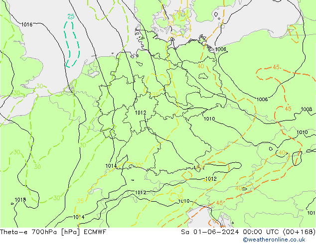 Theta-e 700hPa ECMWF so. 01.06.2024 00 UTC