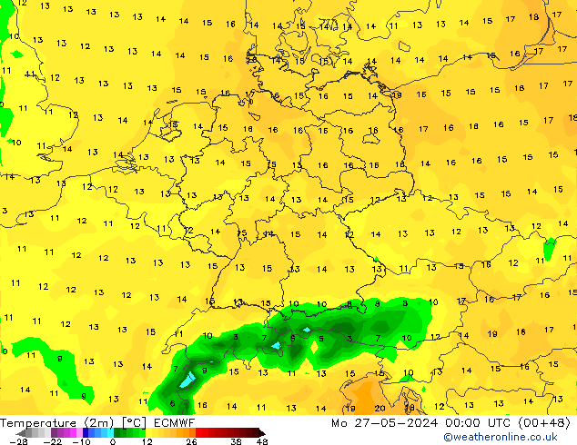 Temperature (2m) ECMWF Mo 27.05.2024 00 UTC