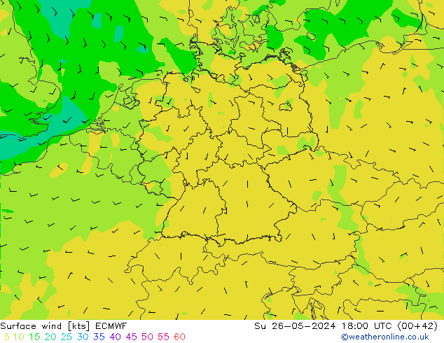 wiatr 10 m ECMWF nie. 26.05.2024 18 UTC