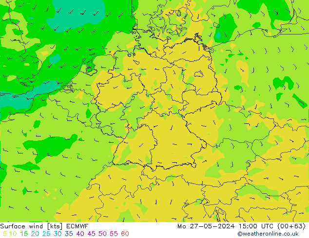 wiatr 10 m ECMWF pon. 27.05.2024 15 UTC