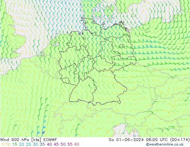 Viento 900 hPa ECMWF sáb 01.06.2024 06 UTC