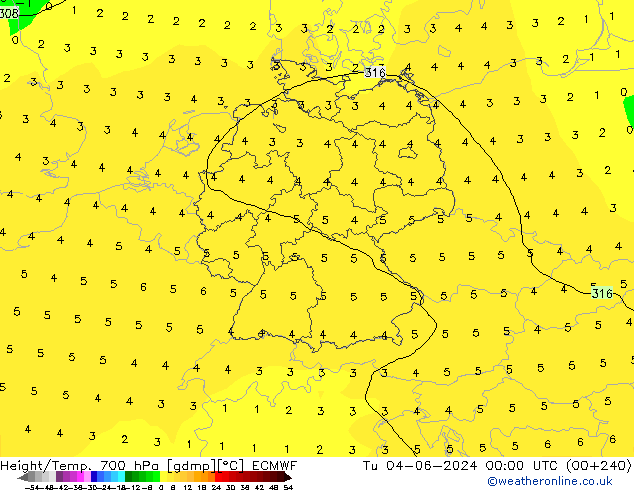 Géop./Temp. 700 hPa ECMWF mar 04.06.2024 00 UTC