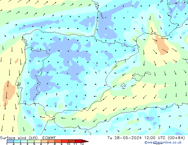 wiatr 10 m (bft) ECMWF wto. 28.05.2024 12 UTC