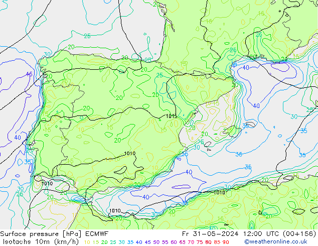 Isotachs (kph) ECMWF пт 31.05.2024 12 UTC