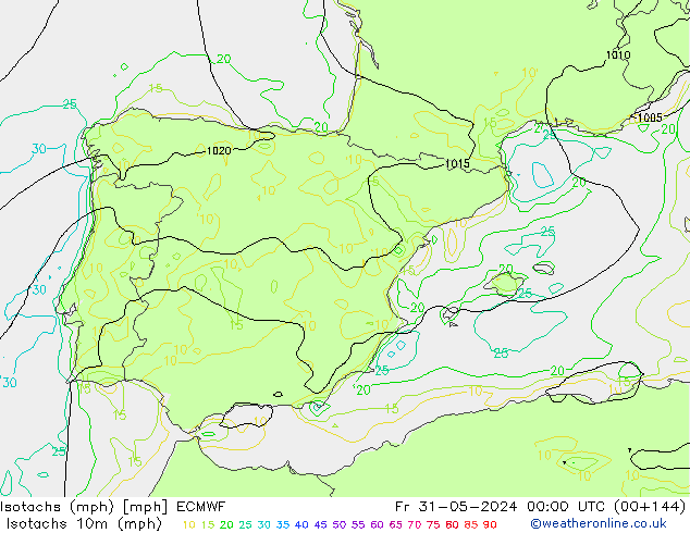 Isotachs (mph) ECMWF Pá 31.05.2024 00 UTC