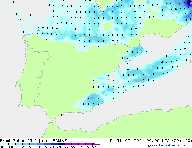 Totale neerslag (6h) ECMWF vr 31.05.2024 06 UTC