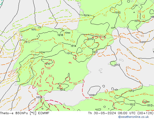 Theta-e 850hPa ECMWF gio 30.05.2024 06 UTC