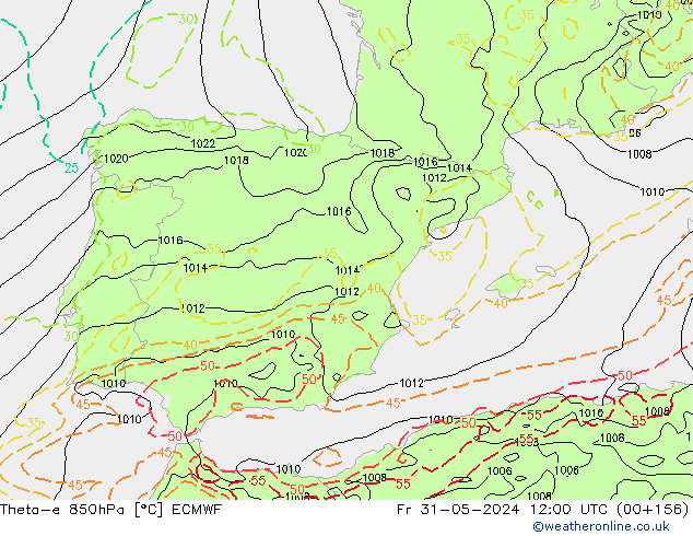 Theta-e 850hPa ECMWF vr 31.05.2024 12 UTC