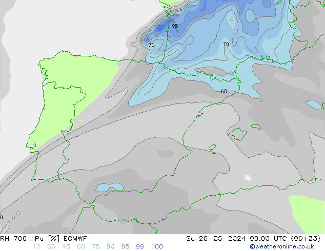 Humedad rel. 700hPa ECMWF dom 26.05.2024 09 UTC