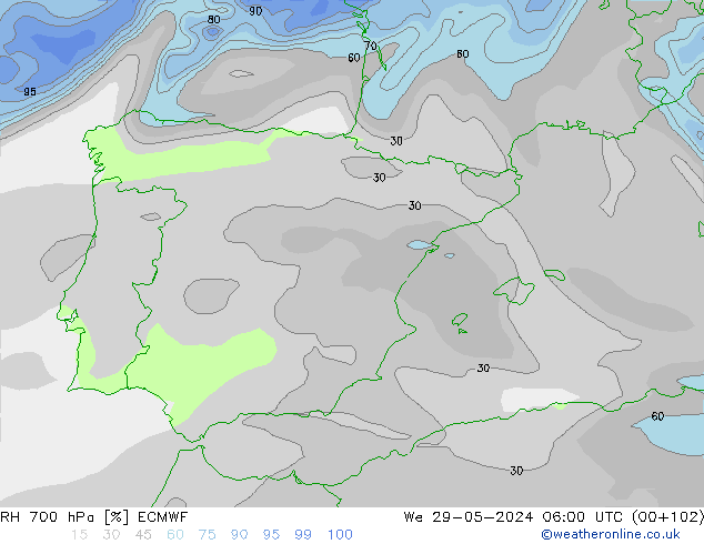 RH 700 hPa ECMWF Qua 29.05.2024 06 UTC