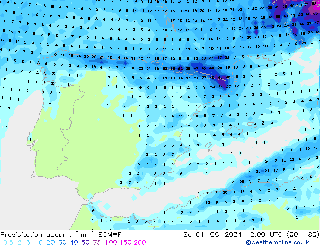 Precipitation accum. ECMWF sab 01.06.2024 12 UTC