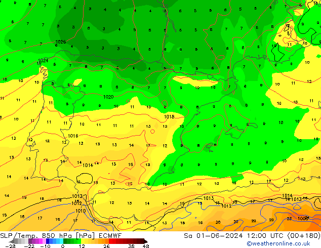 SLP/Temp. 850 hPa ECMWF sab 01.06.2024 12 UTC