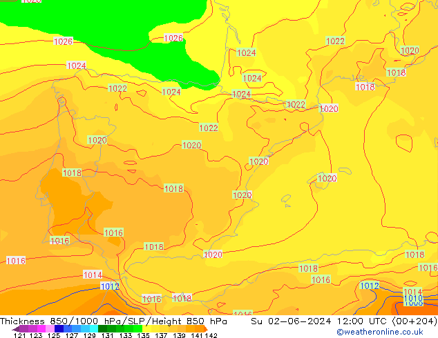 Dikte 850-1000 hPa ECMWF zo 02.06.2024 12 UTC