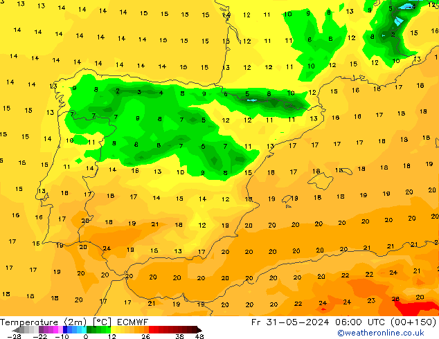 Temperature (2m) ECMWF Pá 31.05.2024 06 UTC