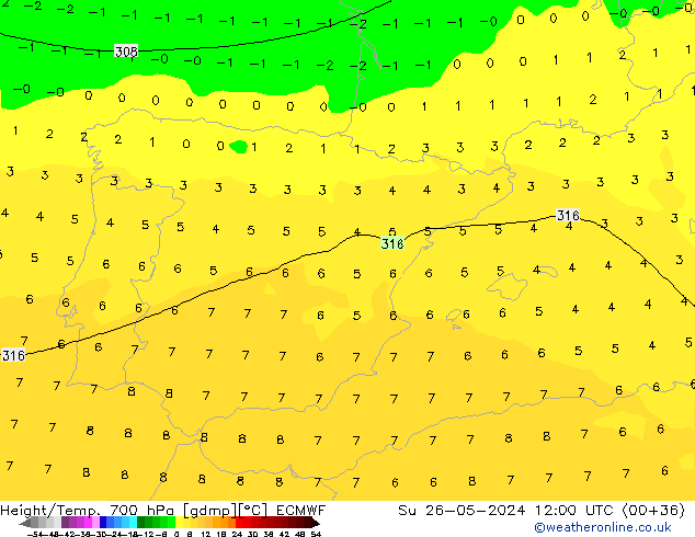 Height/Temp. 700 hPa ECMWF Su 26.05.2024 12 UTC