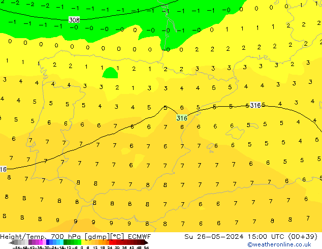 Height/Temp. 700 hPa ECMWF dom 26.05.2024 15 UTC