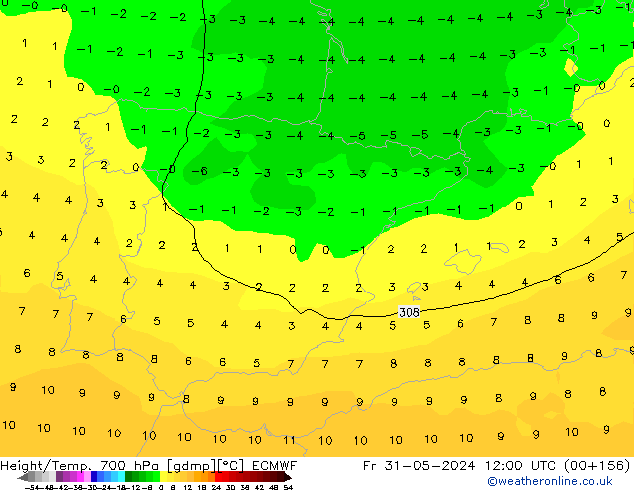 Height/Temp. 700 hPa ECMWF Fr 31.05.2024 12 UTC