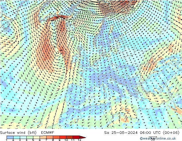 wiatr 10 m (bft) ECMWF so. 25.05.2024 06 UTC