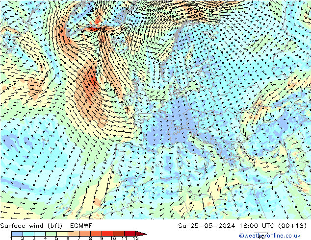 Rüzgar 10 m (bft) ECMWF Cts 25.05.2024 18 UTC