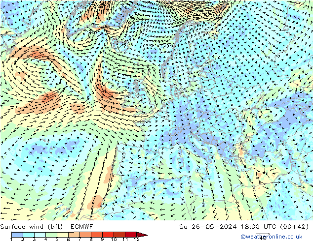 Surface wind (bft) ECMWF Su 26.05.2024 18 UTC