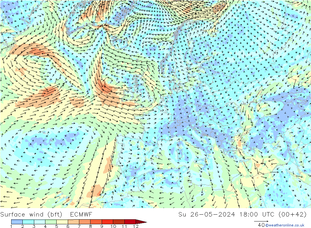 Bodenwind (bft) ECMWF So 26.05.2024 18 UTC