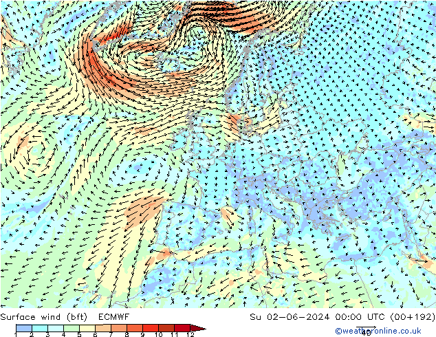 Bodenwind (bft) ECMWF So 02.06.2024 00 UTC