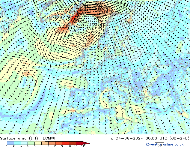 Surface wind (bft) ECMWF Tu 04.06.2024 00 UTC