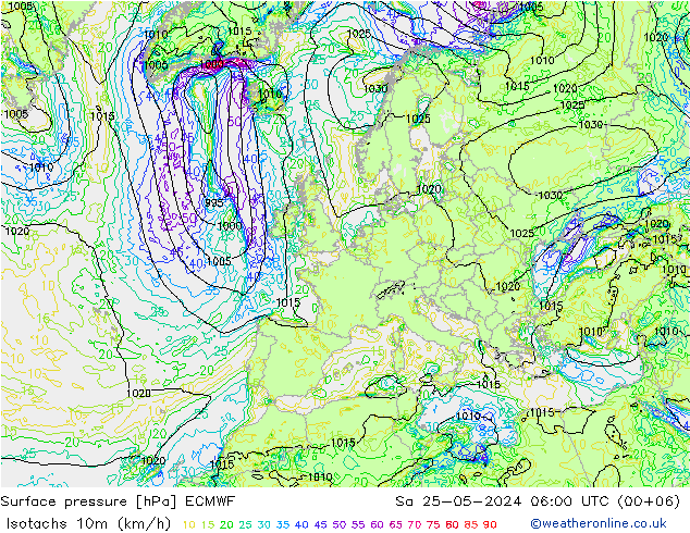 Isotachen (km/h) ECMWF Sa 25.05.2024 06 UTC