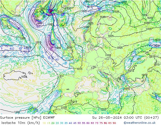 Isotachs (kph) ECMWF dim 26.05.2024 03 UTC
