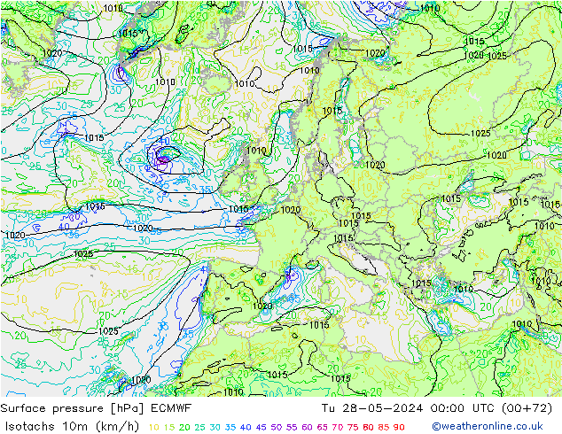 Isotachen (km/h) ECMWF Di 28.05.2024 00 UTC