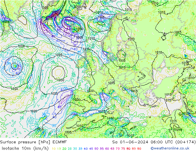 Isotachen (km/h) ECMWF za 01.06.2024 06 UTC