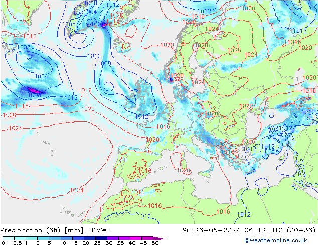 Z500/Rain (+SLP)/Z850 ECMWF Su 26.05.2024 12 UTC