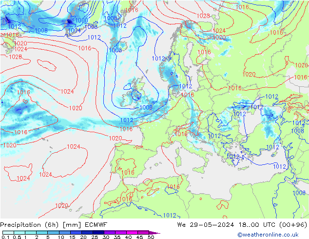 Z500/Rain (+SLP)/Z850 ECMWF Mi 29.05.2024 00 UTC