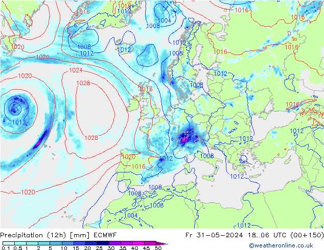 Precipitation (12h) ECMWF Pá 31.05.2024 06 UTC