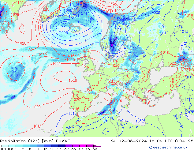 Precipitation (12h) ECMWF Su 02.06.2024 06 UTC