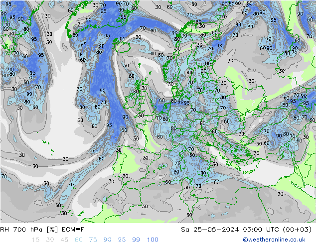 RH 700 hPa ECMWF 星期六 25.05.2024 03 UTC