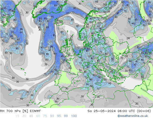 RH 700 hPa ECMWF sab 25.05.2024 06 UTC