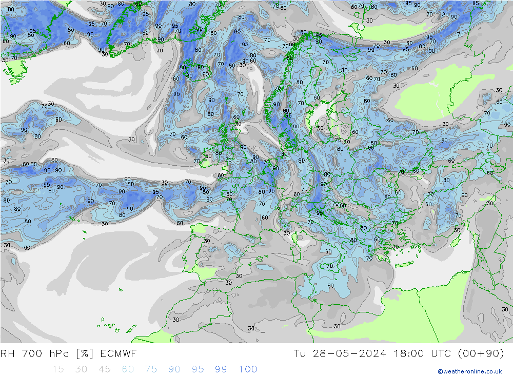 RH 700 hPa ECMWF Di 28.05.2024 18 UTC