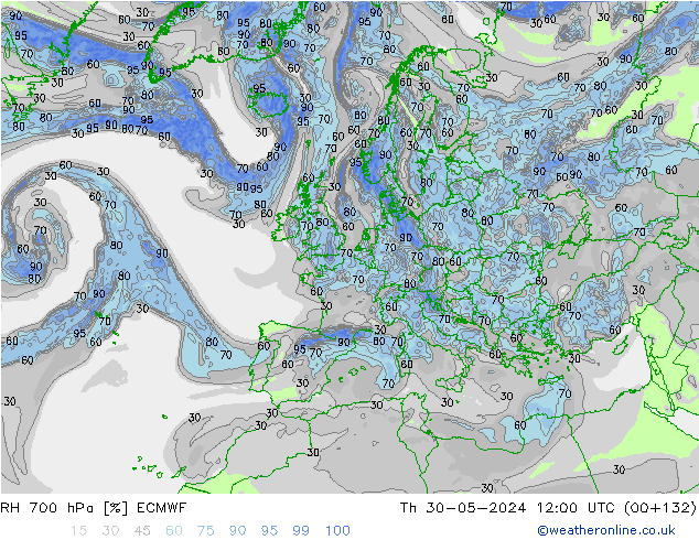 RH 700 hPa ECMWF Th 30.05.2024 12 UTC