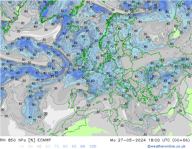 Humedad rel. 850hPa ECMWF lun 27.05.2024 18 UTC