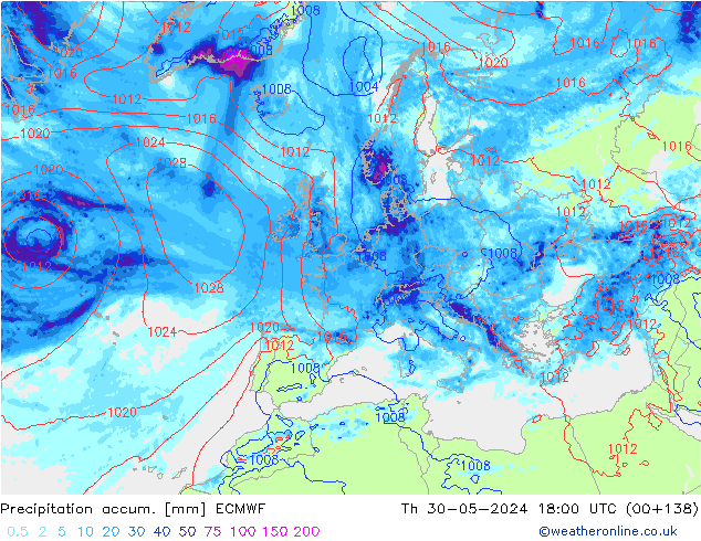 Totale neerslag ECMWF do 30.05.2024 18 UTC