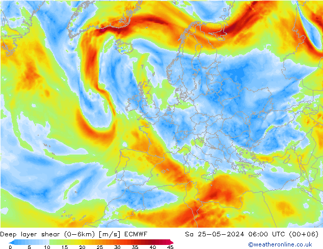 Deep layer shear (0-6km) ECMWF za 25.05.2024 06 UTC