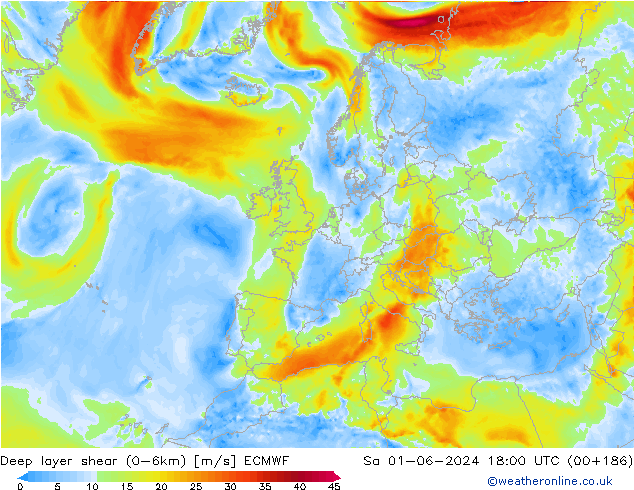 Deep layer shear (0-6km) ECMWF Sa 01.06.2024 18 UTC