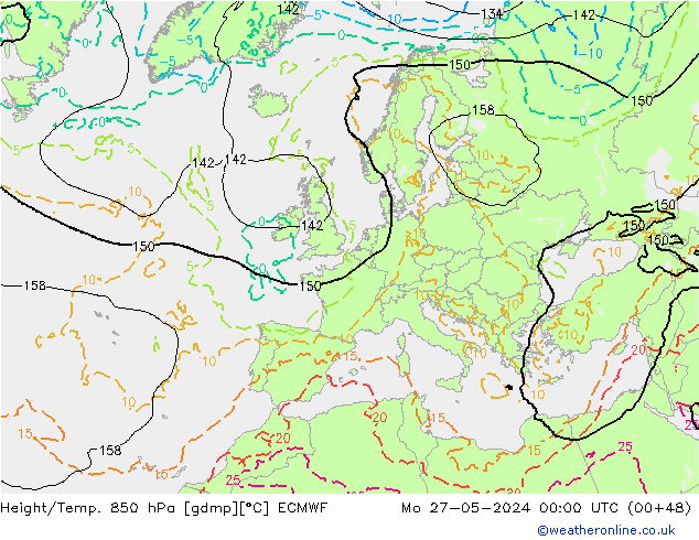 Z500/Yağmur (+YB)/Z850 ECMWF Pzt 27.05.2024 00 UTC