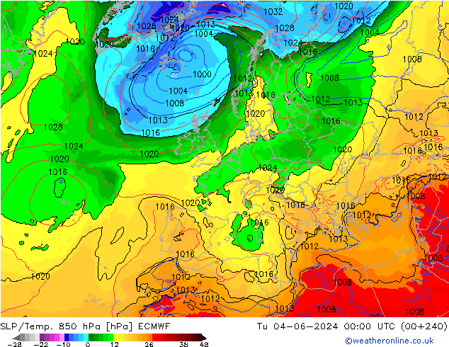 SLP/Temp. 850 hPa ECMWF di 04.06.2024 00 UTC